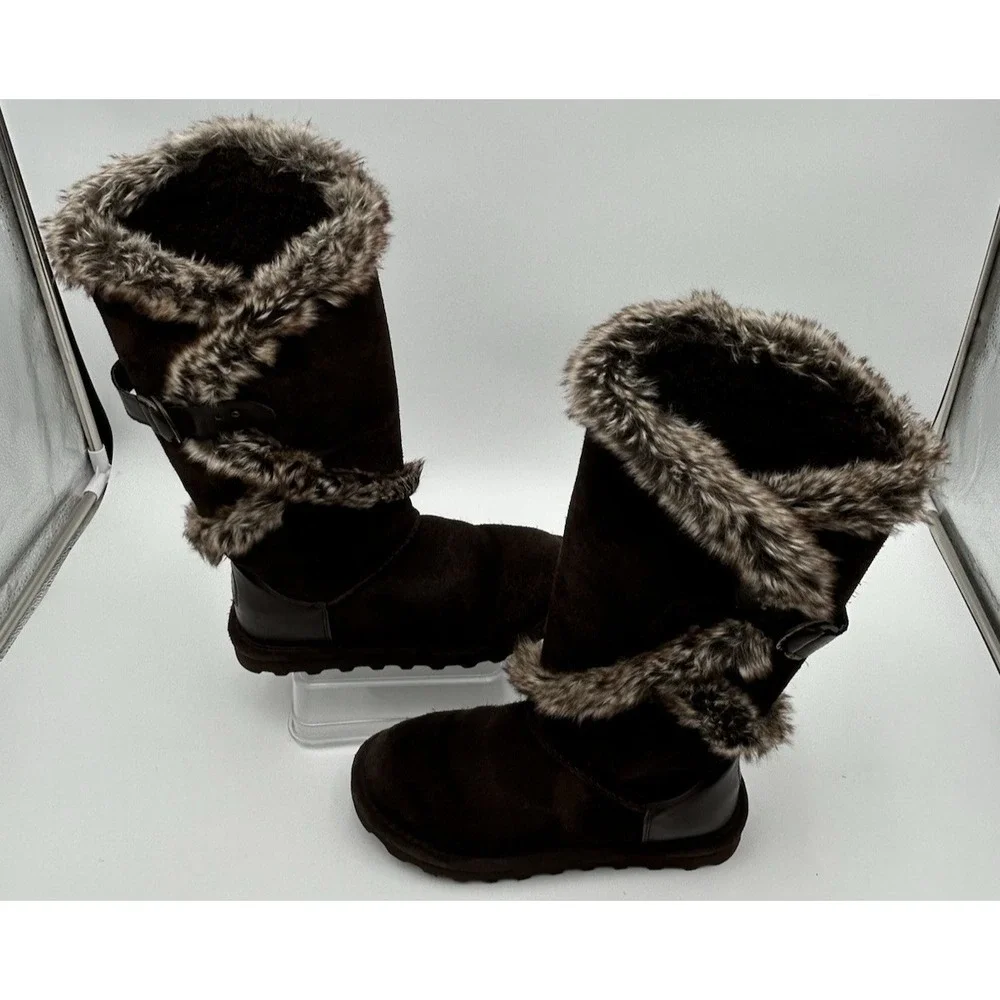 Bearpaw Sheilah Tall Suede Fur Lined Boots‎ Winter Snow Women 7 Brown New